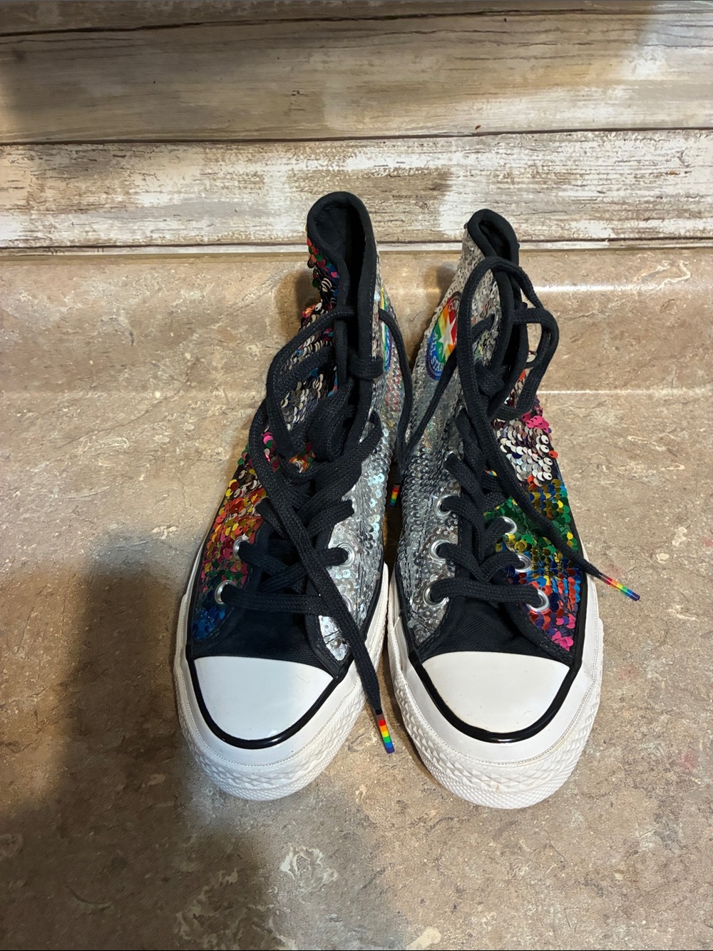 Converse High Top Size 6.5 Pride Sequin Sneakers in Multicolor and Silver - Picture 2 of 11